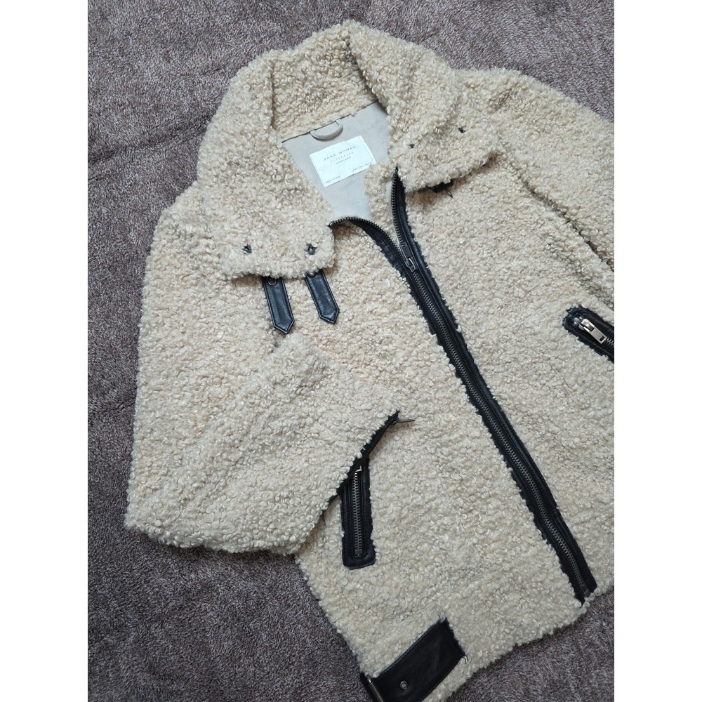 Zara Shearling Faux Fur Jacket Women's Large Beige Full Zip Belted Moto Aviator